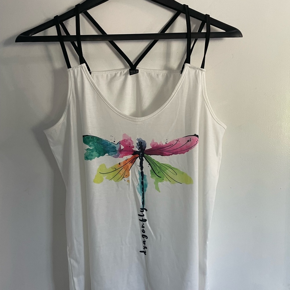SHEIN White Camisole with Colorful Dragonfly Design size large - Picture 1 of 8